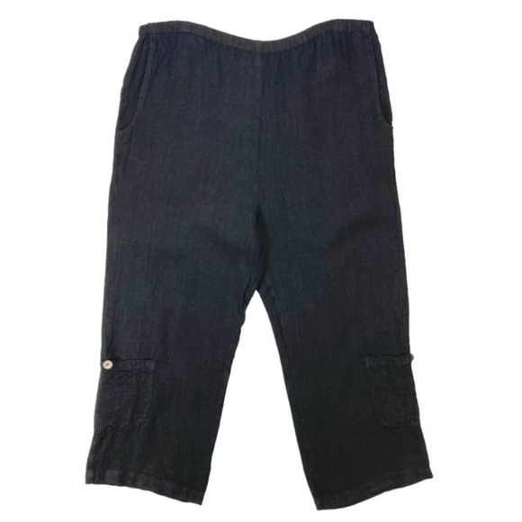 Dear Friends Linen Pants Womens Size M Black Cropped Cargo Pearl Buttons Trouser - Picture 1 of 15